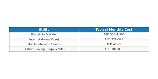 Table showing typical monthly utility costs in Dubai for 2025 including DEWA, internet, and district cooling