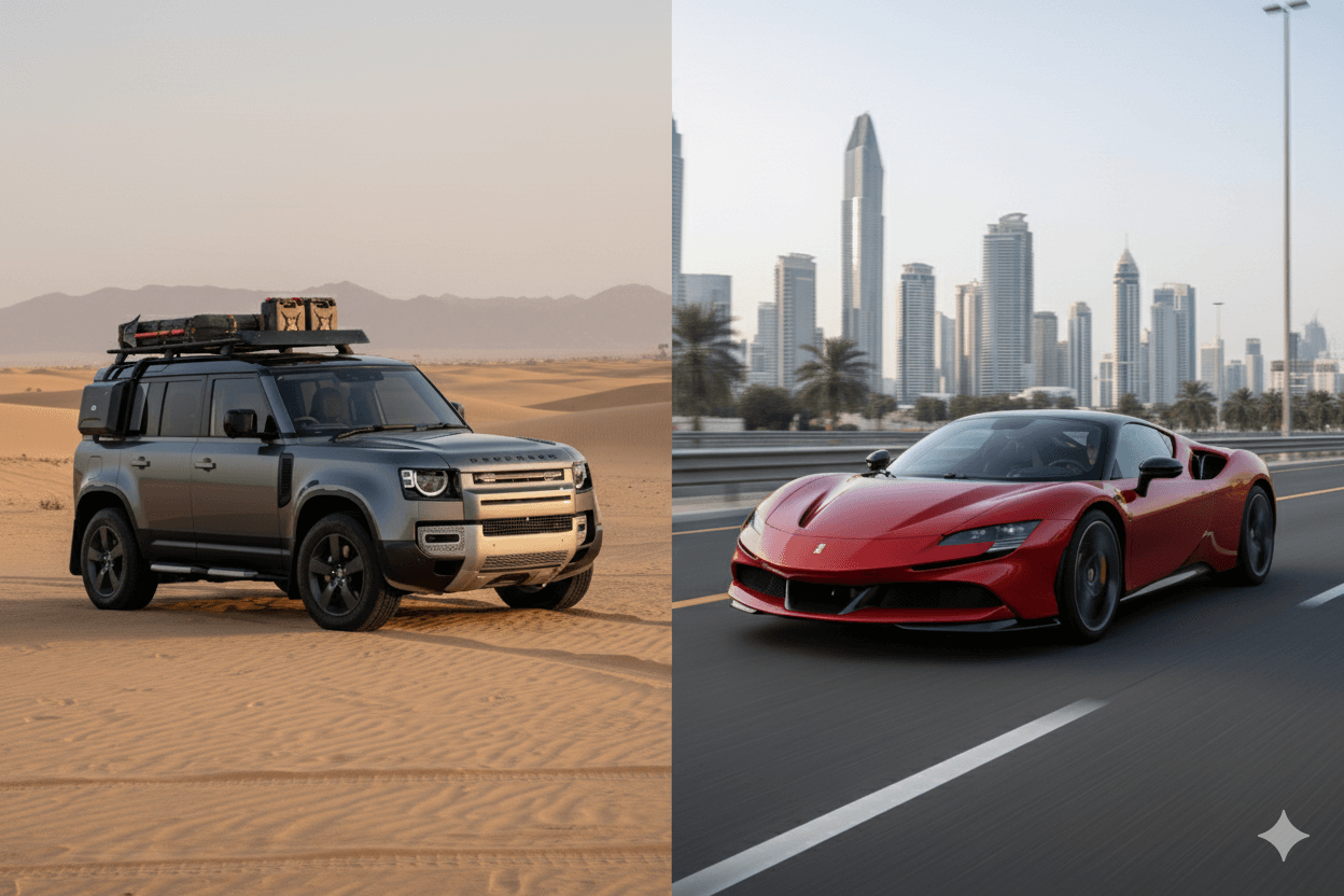Land Rover Defender SUV in desert vs Ferrari F8 Spider supercar in Dubai city – luxury rental 2025 comparison